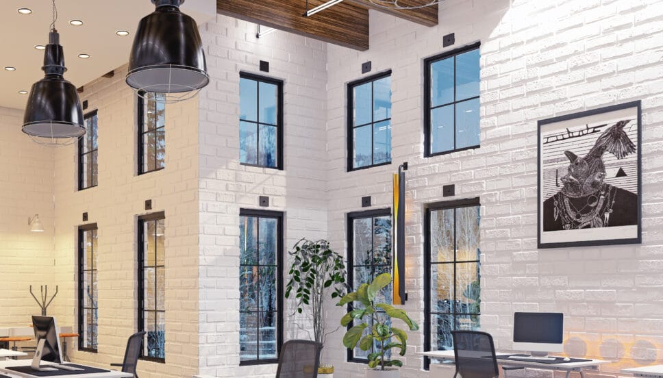 reynaers slimline 38 windows aluminium in a black colour in a modern house