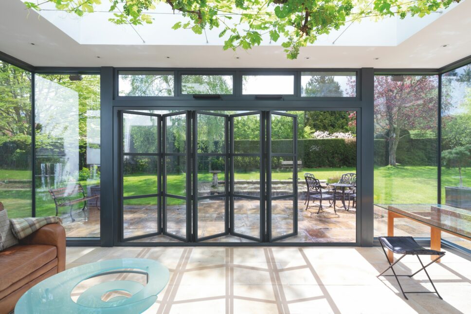 visofold 6000 steel-look bifolding doors in a new extension