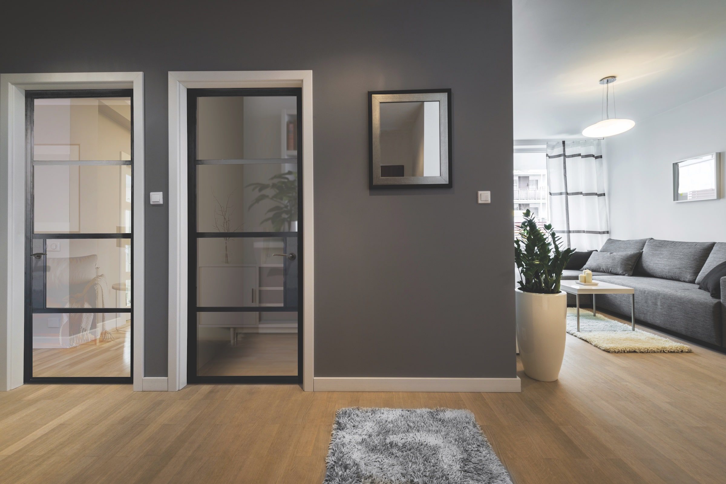 aluminium internal doors in the steel look in a modern house with wood floors