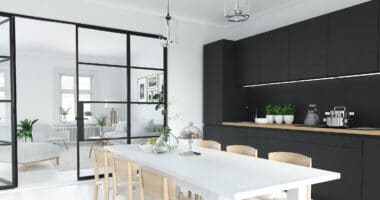 steel-look interior doors between a kitchen and lounge