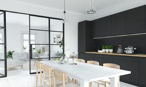 steel-look interior doors between a kitchen and lounge