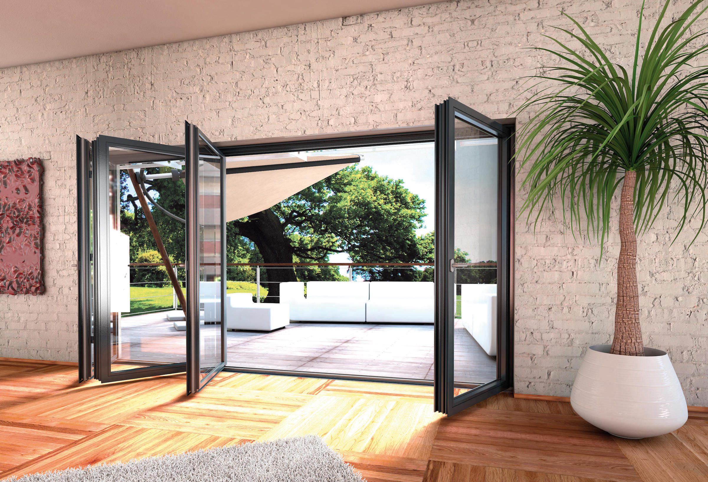 alutech bf73 showing alutech bifold doors in a new home looking out to the garden