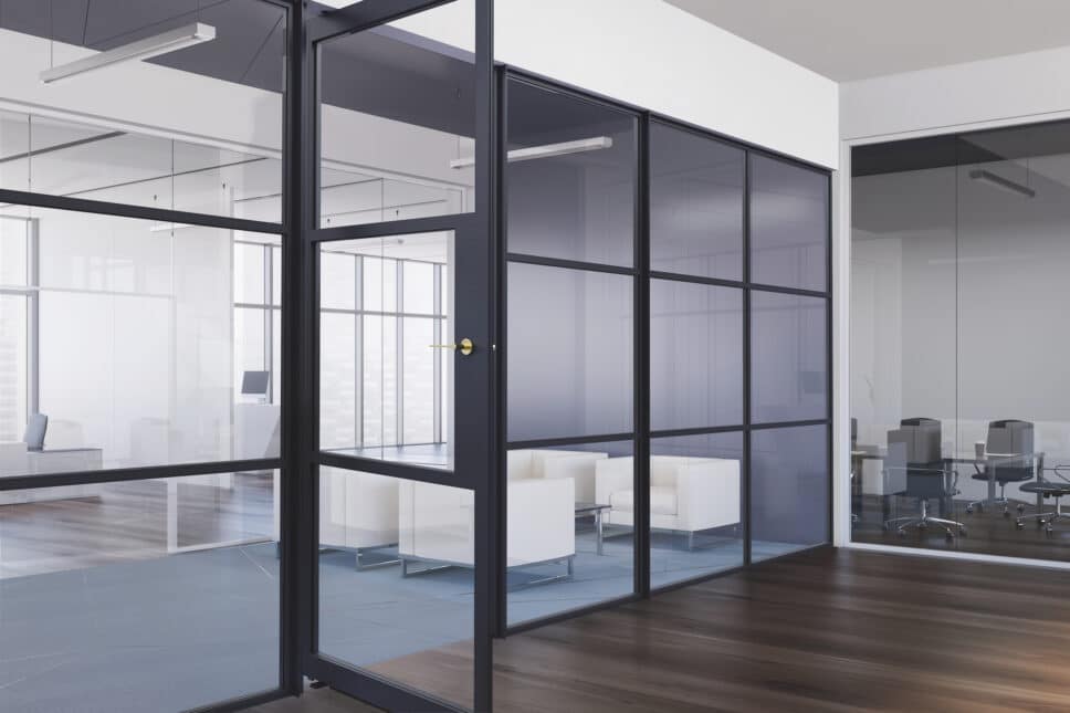 aluspace internal doors made by everglade windows in an office setting