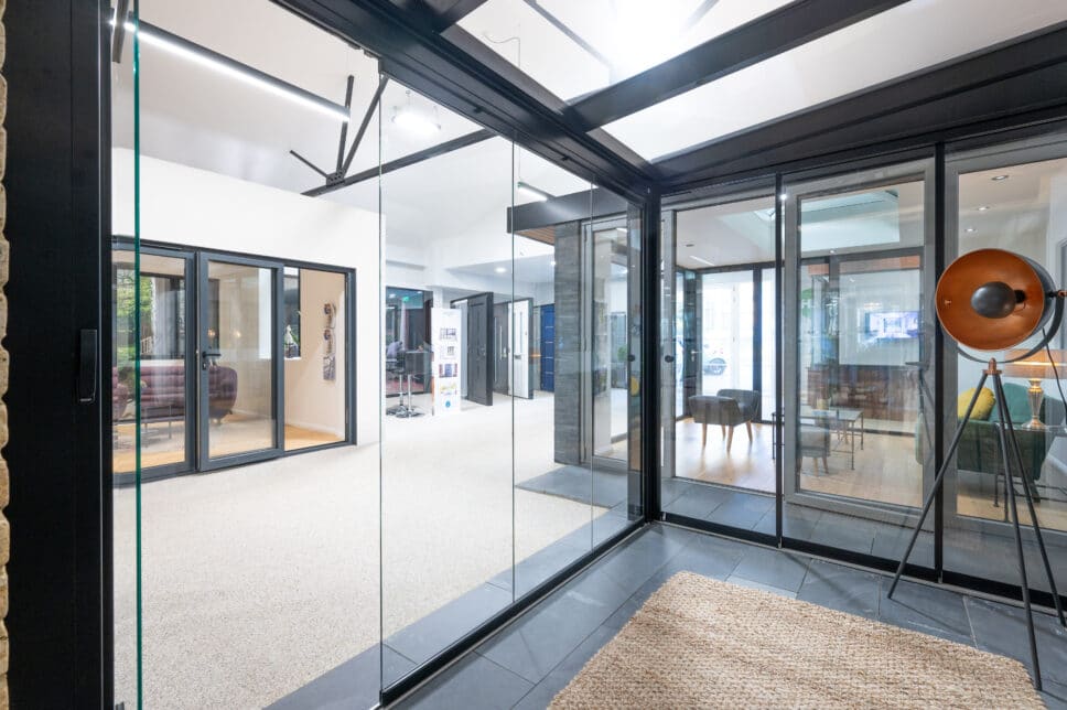 glass roof and doors in a showroom display