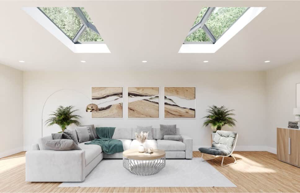 inside view of an aluminium lantern roof in a lounge setting