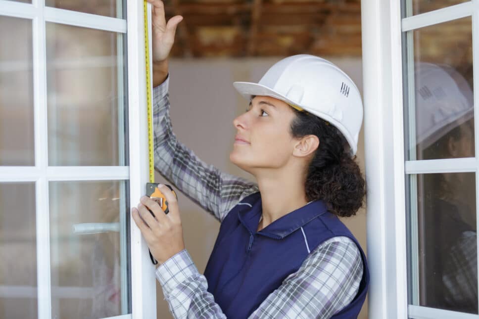 lady double glazing installer measuring an open white window