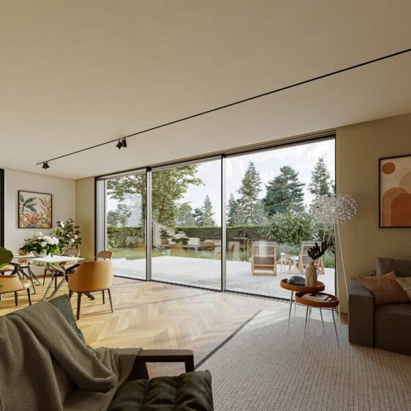 Sunflex SF 60 sliding doors in a modern lounge with parquet floor and garden views. 